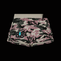 Pink, black, and beige camouflage athletic shorts with a light beige waistband and a black, white, and teal 'BVB' logo on the left leg, shown against a plain white background.