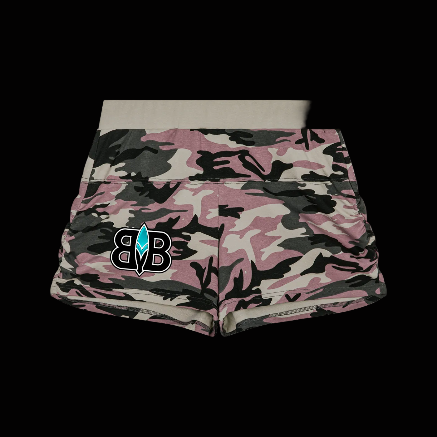 Pink, black, and beige camouflage athletic shorts with a light beige waistband and a black, white, and teal 'BVB' logo on the left leg, shown against a plain white background.