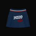 A navy blue pleated skirt featuring a white and red striped waistband and a front graphic with the word 'BOZO' in white patterned letters and a red cloud motif below, shown on a plain white background.