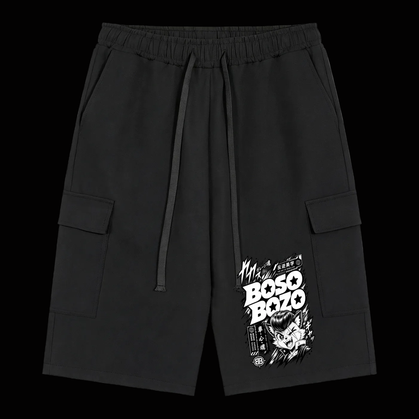 BOSO BOZO black manga cargo shorts with Giri graphic, manga panels, BOSO Z artwork, cargo pockets and drawstring waist