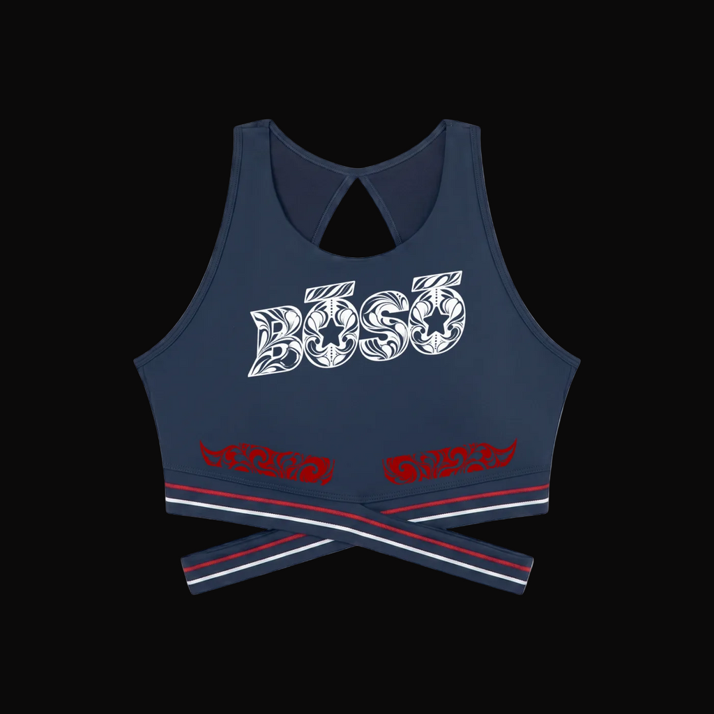 A navy blue crop top with a keyhole cutout at the back, featuring a white tribal-style 'BOSO' logo on the chest and red and white striped trim at the hem.