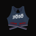 A navy blue crop top with a keyhole cutout at the back, featuring a white tribal-style 'BOSO' logo on the chest and red and white striped trim at the hem.
