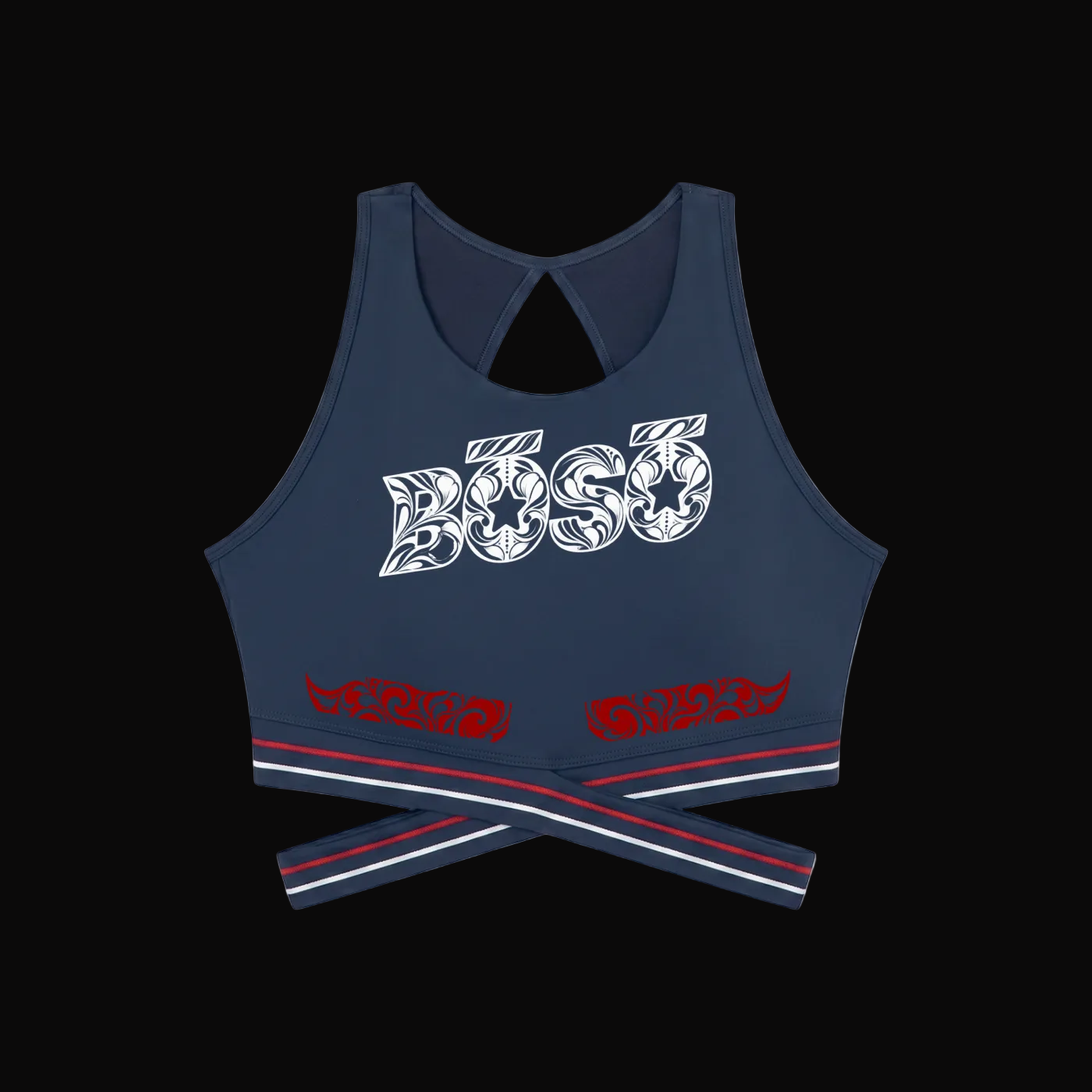 A navy blue crop top with a keyhole cutout at the back, featuring a white tribal-style 'BOSO' logo on the chest and red and white striped trim at the hem.