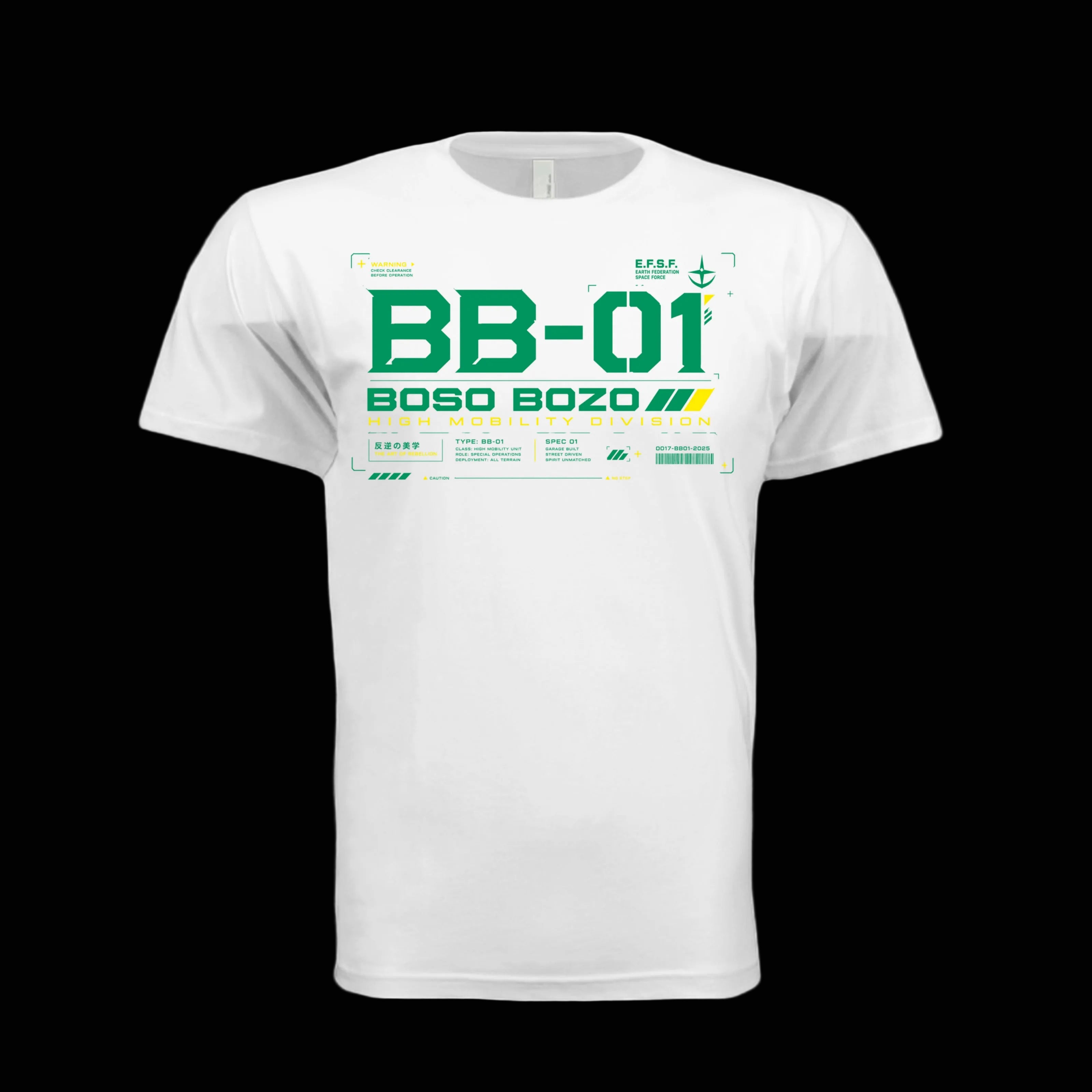 A white short-sleeve crewneck t-shirt featuring a green and yellow graphic print on the front with the text 'BB-01 BOSO BOZO'. HIGH MOBILITY DEVISION 