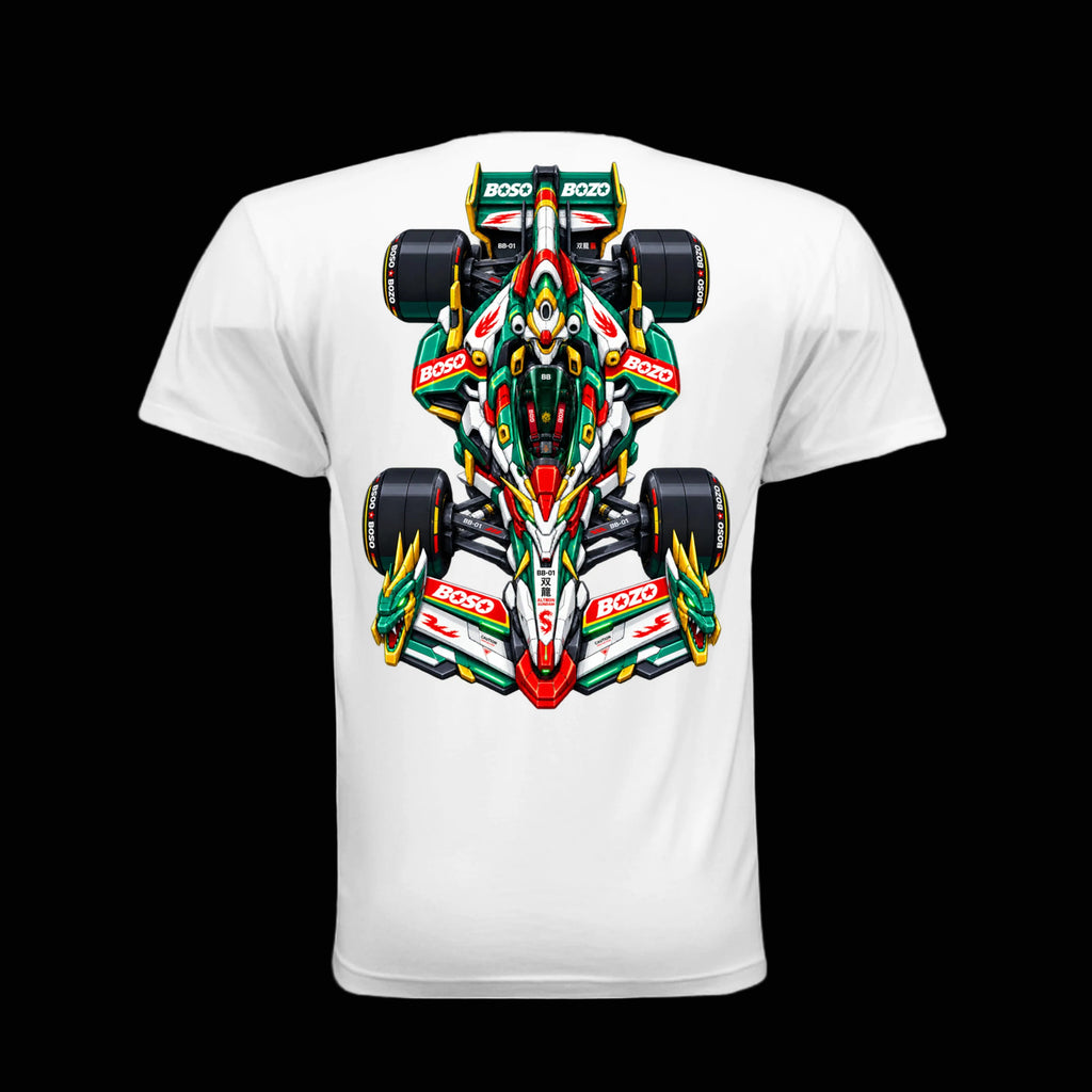 A white short-sleeve crewneck t-shirt featuring a large, colorful graphic print of a GUNDAM INSPIRED Formula 1 race car on the front. The car graphic is detailed with green, red, yellow, and black livery, including 'BOSO' branding.