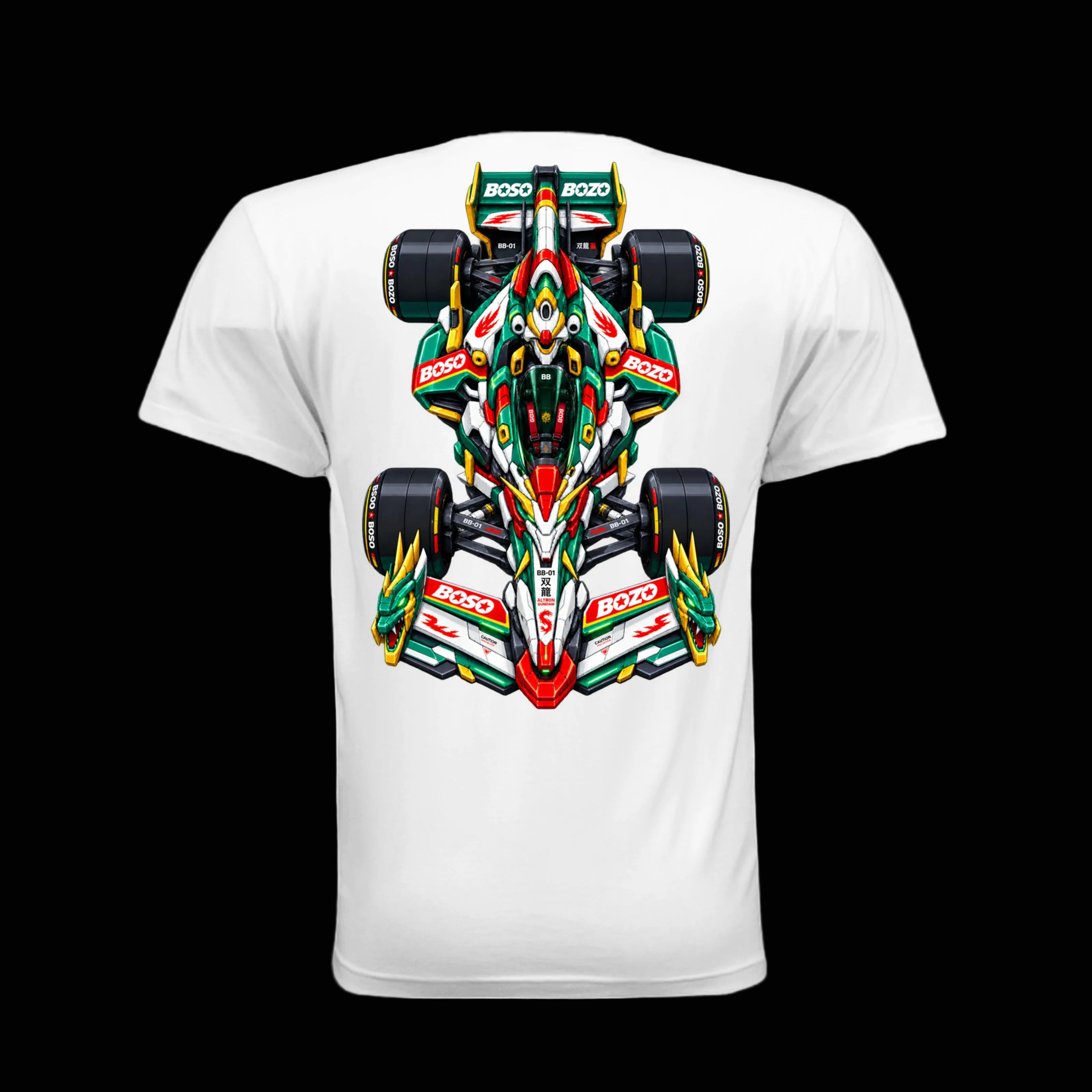A white short-sleeve crewneck t-shirt featuring a large, colorful graphic print of a GUNDAM INSPIRED Formula 1 race car on the front. The car graphic is detailed with green, red, yellow, and black livery, including 'BOSO' branding.