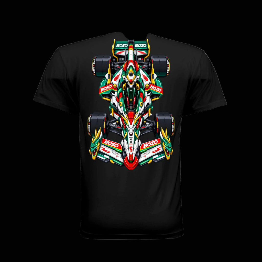 A black short-sleeve t-shirt shown from the back, featuring a large, vibrant graphic print of a gundam inspired Formula 1 race car with 'BOSO' sponsor logos in green, red, white, and yellow.