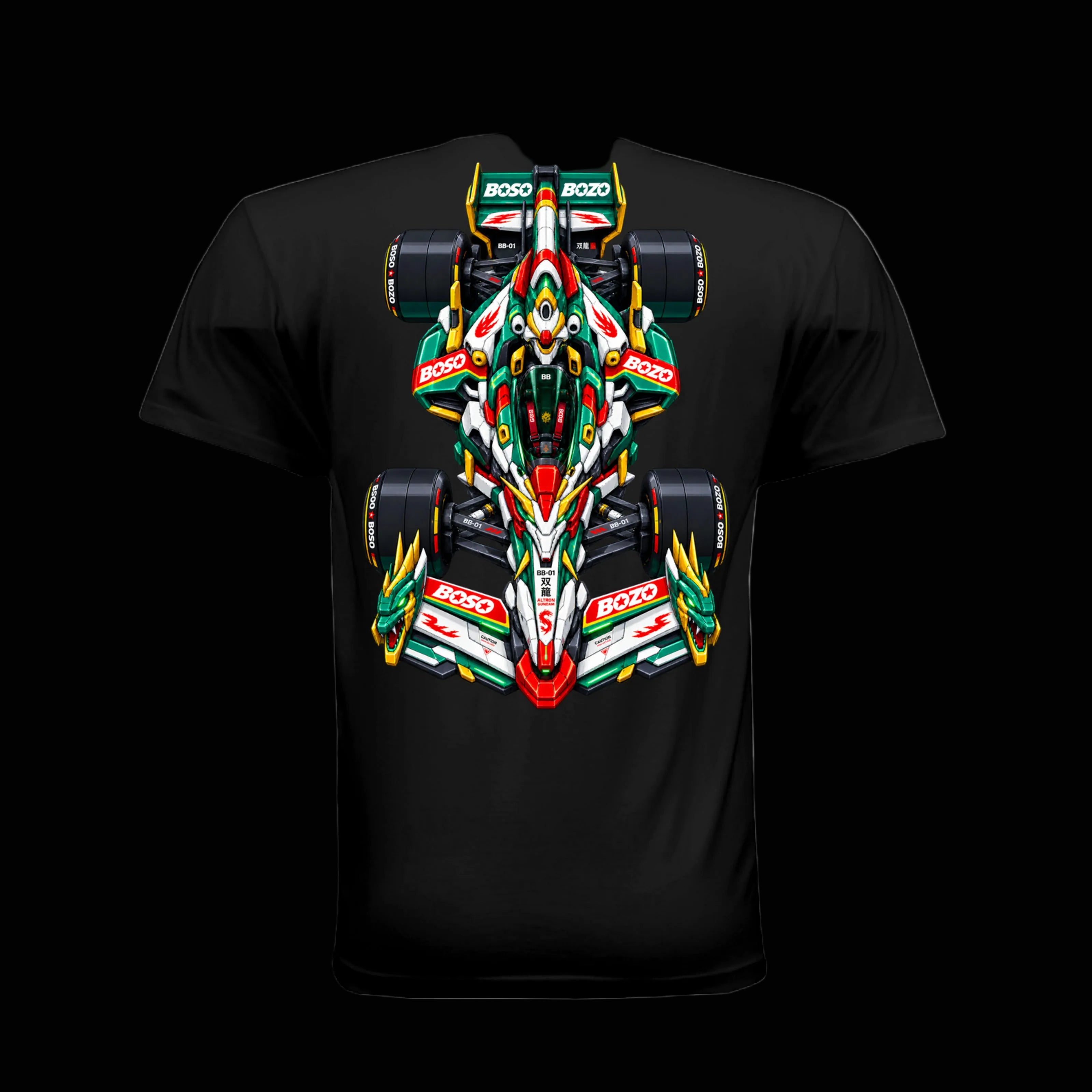 A black short-sleeve t-shirt shown from the back, featuring a large, vibrant graphic print of a gundam inspired Formula 1 race car with 'BOSO' sponsor logos in green, red, white, and yellow.