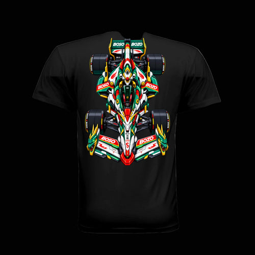 A black short-sleeve t-shirt shown from the back, featuring a large, vibrant graphic print of a gundam inspired Formula 1 race car with 'BOSO' sponsor logos in green, red, white, and yellow.