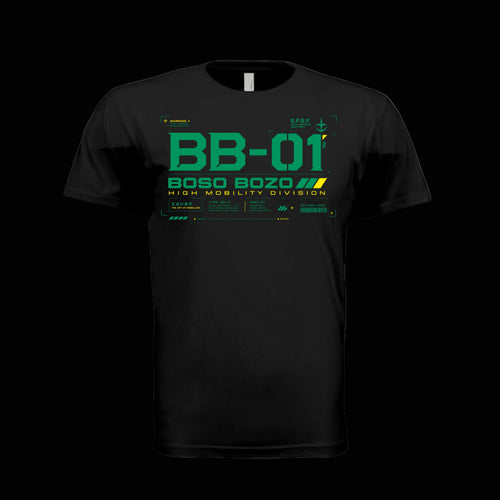 A black short-sleeve crewneck t-shirt featuring a green and yellow futuristic graphic print on the front with the text 'BB-01 BOSO BOZO HIGH MOBILITY DIVISION'.