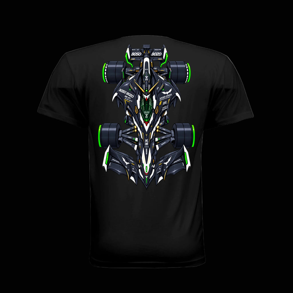 A black short-sleeve t-shirt with a large, vibrant graphic of black gundam iinspired Formula 1 car on the back. The graphic features the name 'Boso Boso' in lime green on the nose and rear wing.