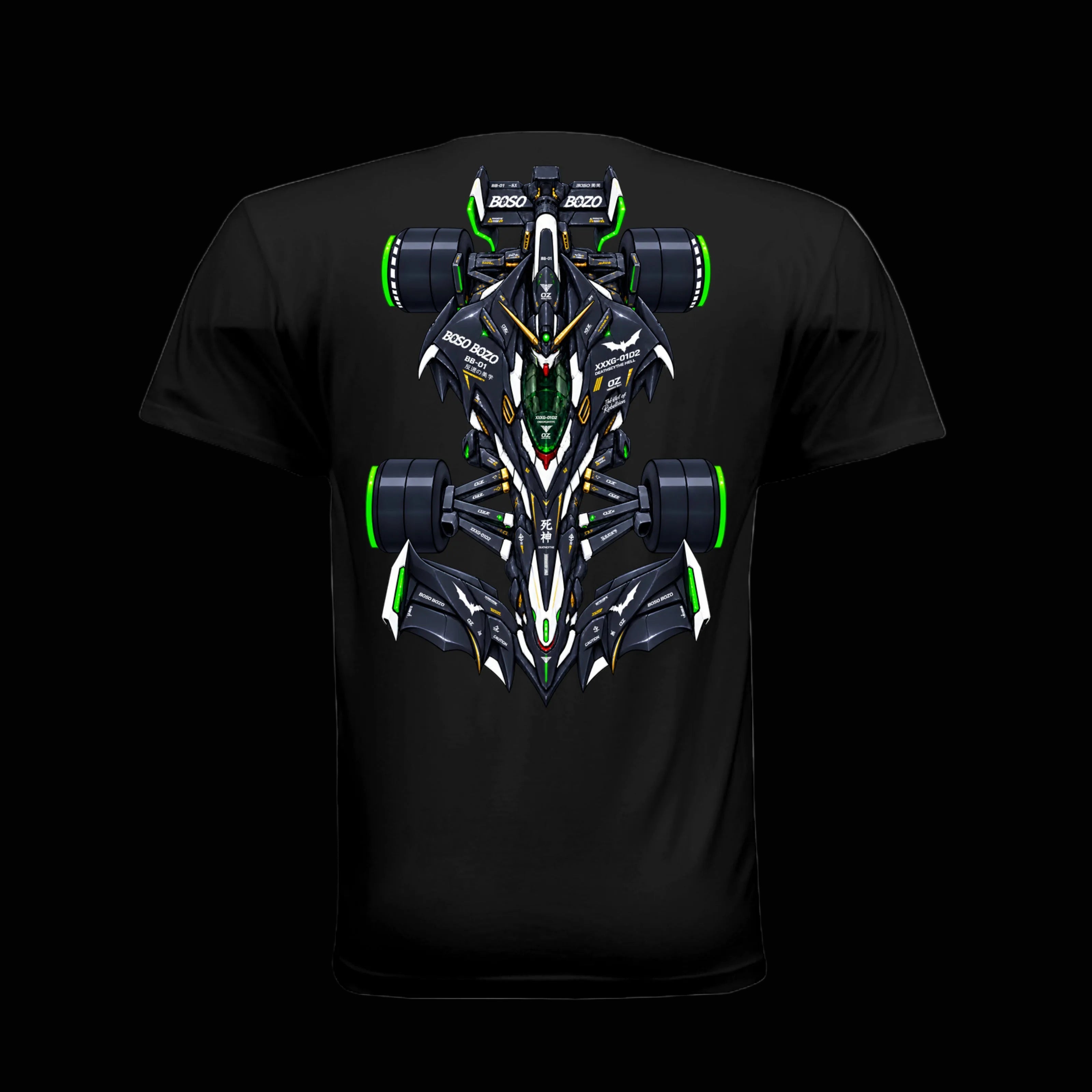 A black short-sleeve t-shirt with a large, vibrant graphic of black gundam iinspired Formula 1 car on the back. The graphic features the name 'Boso Boso' in lime green on the nose and rear wing.