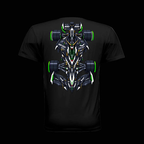 A black short-sleeve t-shirt with a large, vibrant graphic of black gundam iinspired Formula 1 car on the back. The graphic features the name 'Boso Boso' in lime green on the nose and rear wing.