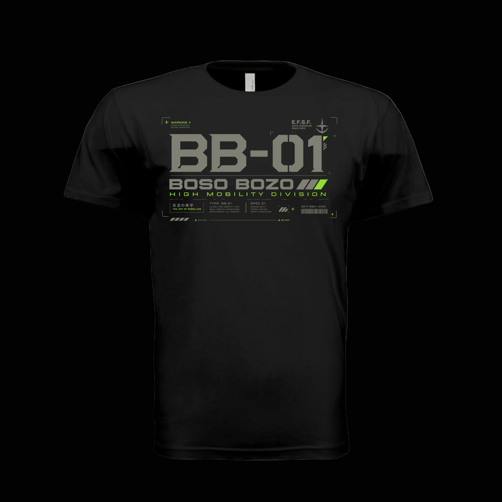  BOSO BOZO BB-01 HIGH MOBILITY UNIT BLACK TEE FEATUREING SLATE GREY AND LIME GREEN COLORWAY 