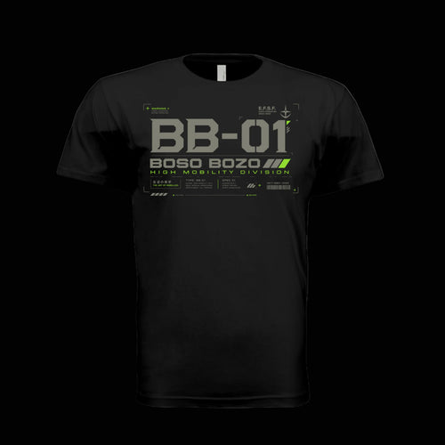  BOSO BOZO BB-01 HIGH MOBILITY UNIT BLACK TEE FEATUREING SLATE GREY AND LIME GREEN COLORWAY 