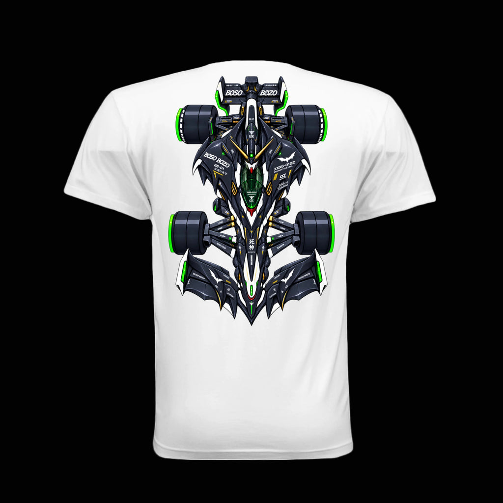 A white short-sleeve t-shirt with a large, symmetrical graphic of a futuristic black and green race car on the back, displayed on a clean white background.