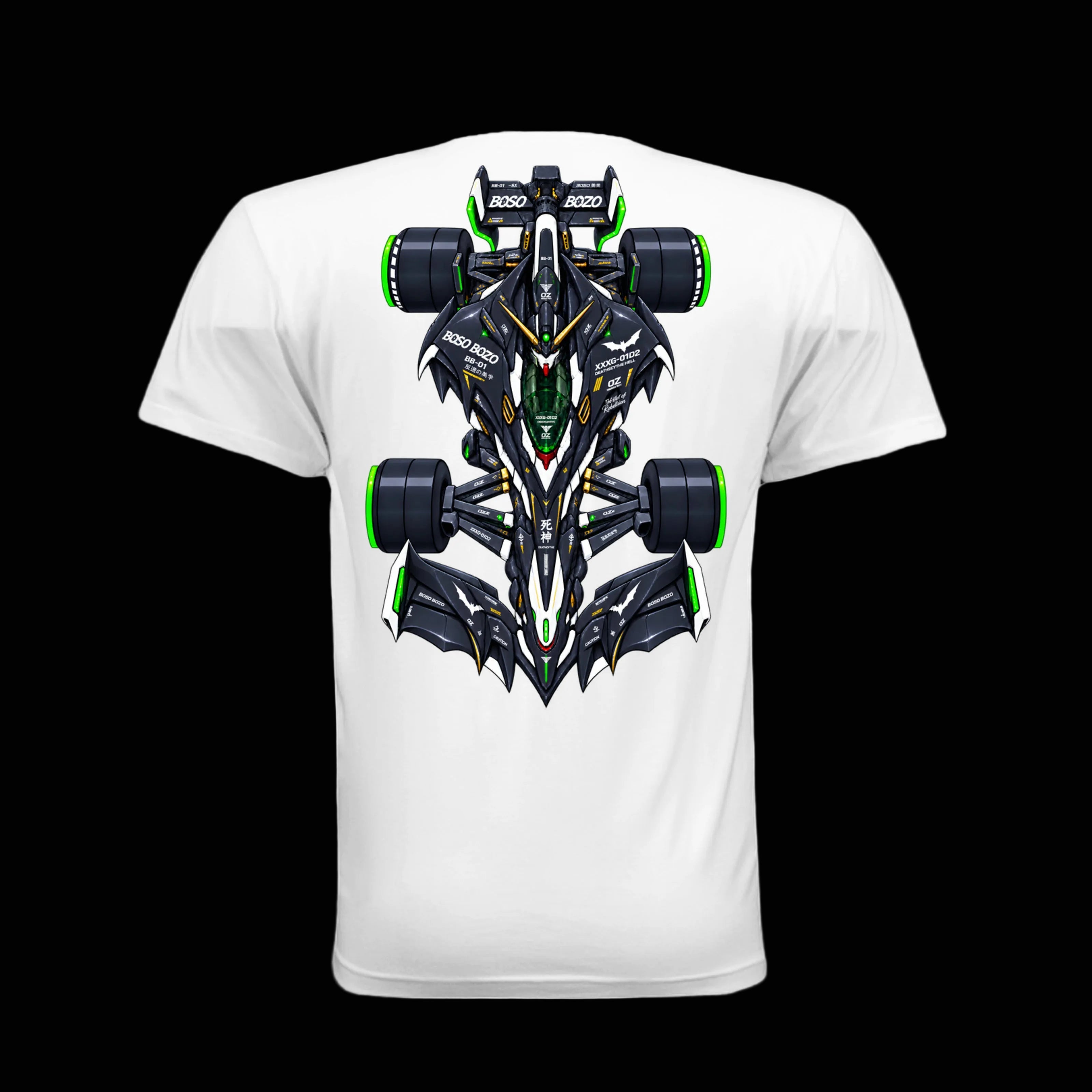 A white short-sleeve t-shirt with a large, symmetrical graphic of a futuristic black and green race car on the back, displayed on a clean white background.