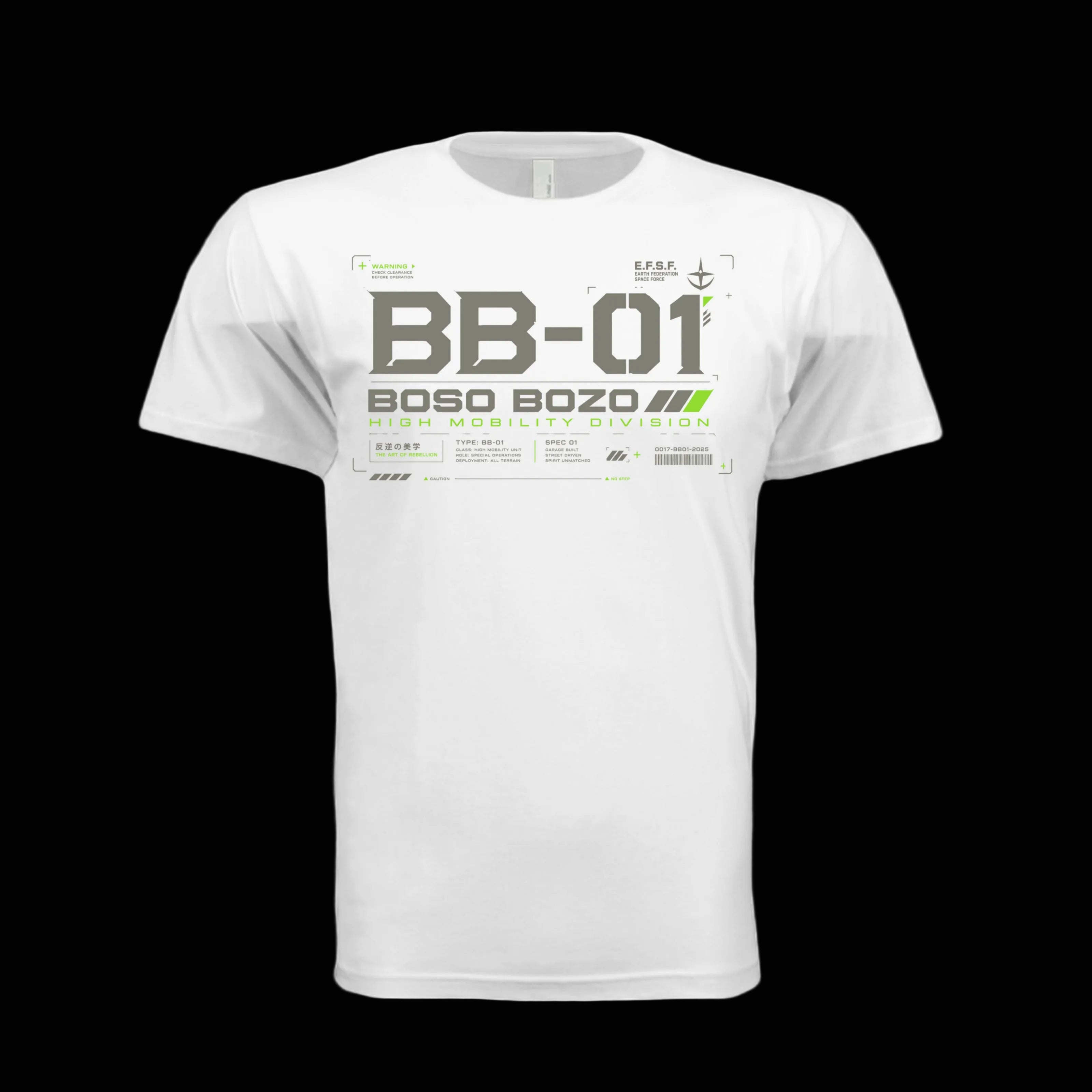 A white short-sleeve crewneck t-shirt with a futuristic graphic print on the chest reading 'BB-01 BOSO BOZO HIGH MOBILITY DIVISION' in gray and green.