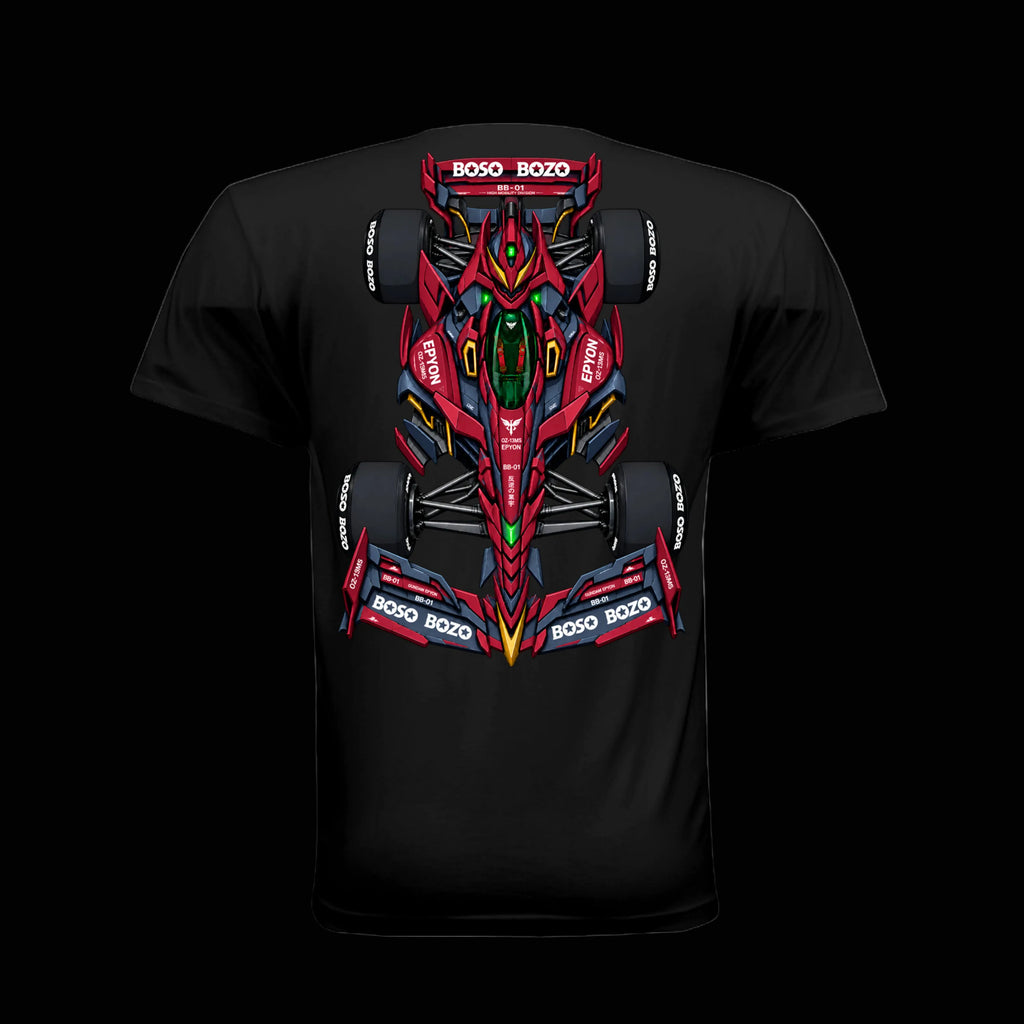 A black short-sleeve t-shirt shown from the back, featuring a large, detailed graphic of a red and black Formula 1 STYLE GUNDAM EPYON race car with 'BOSO BOZO' branding printed across the center.