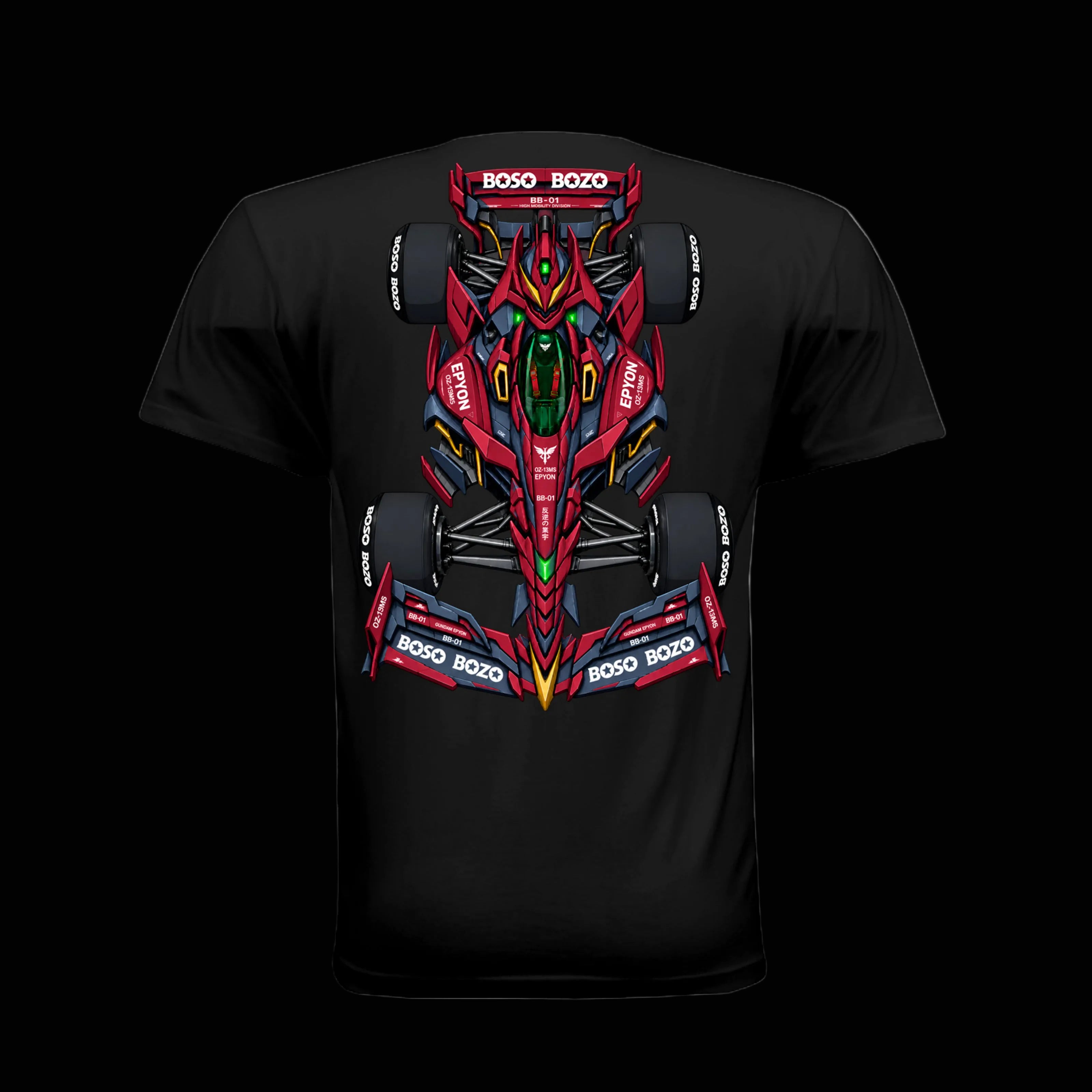 A black short-sleeve t-shirt shown from the back, featuring a large, detailed graphic of a red and black Formula 1 STYLE GUNDAM EPYON race car with 'BOSO BOZO' branding printed across the center.