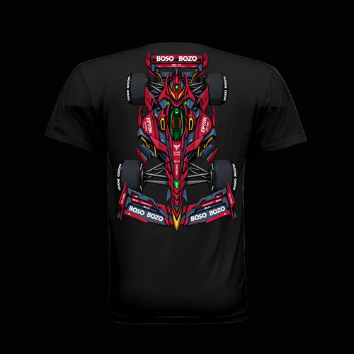 A black short-sleeve t-shirt shown from the back, featuring a large, detailed graphic of a red and black Formula 1 STYLE GUNDAM EPYON race car with 'BOSO BOZO' branding printed across the center.
