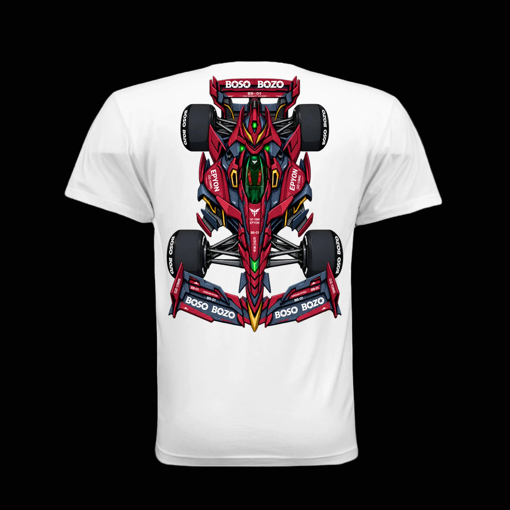 A white short-sleeve crewneck t-shirt featuring a large, vibrant graphic of a red and black Formula 1 style gundam epyon race car on the back. The car graphic includes 'BOSO BOZO' branding and colorful accents.