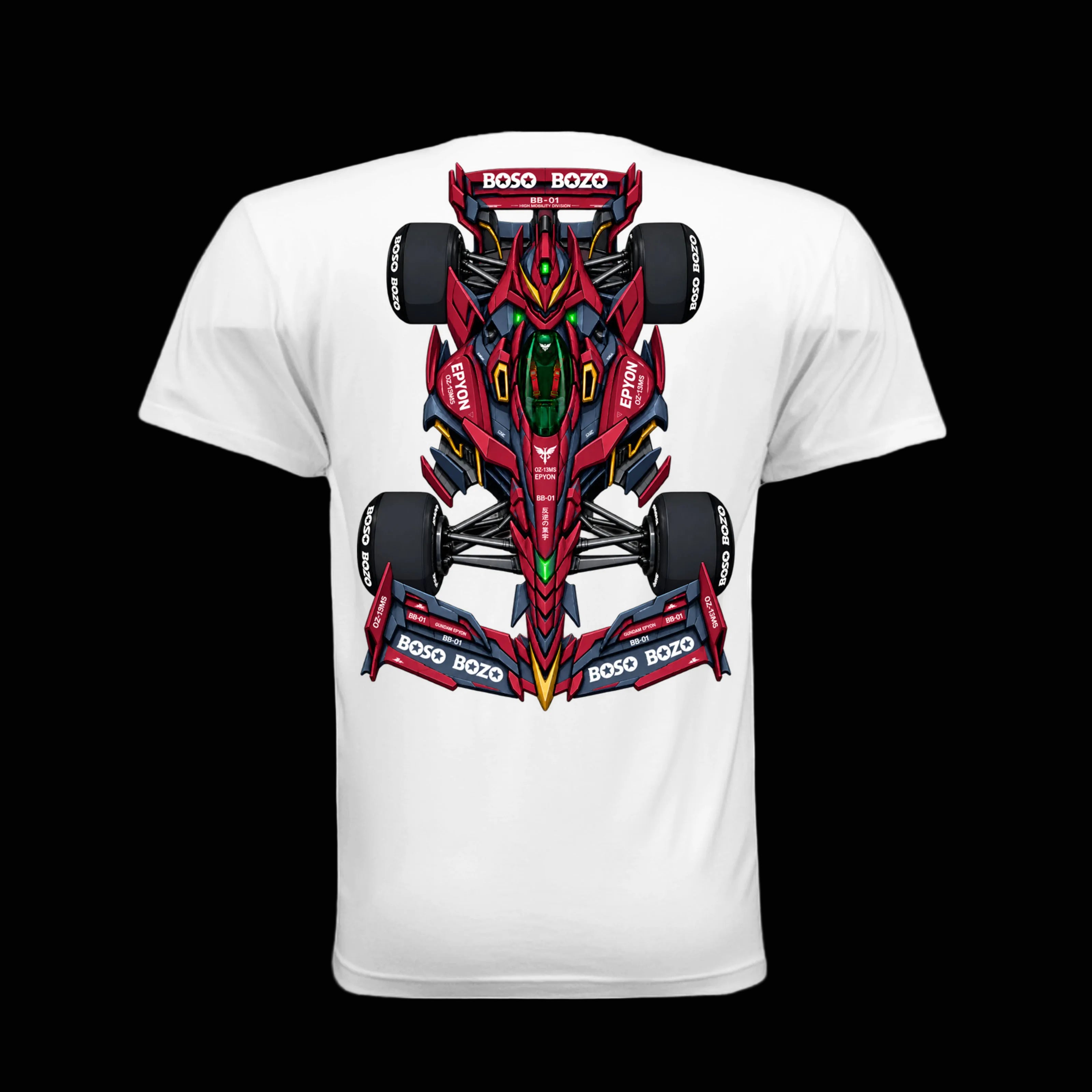 A white short-sleeve crewneck t-shirt featuring a large, vibrant graphic of a red and black Formula 1 style gundam epyon race car on the back. The car graphic includes 'BOSO BOZO' branding and colorful accents.