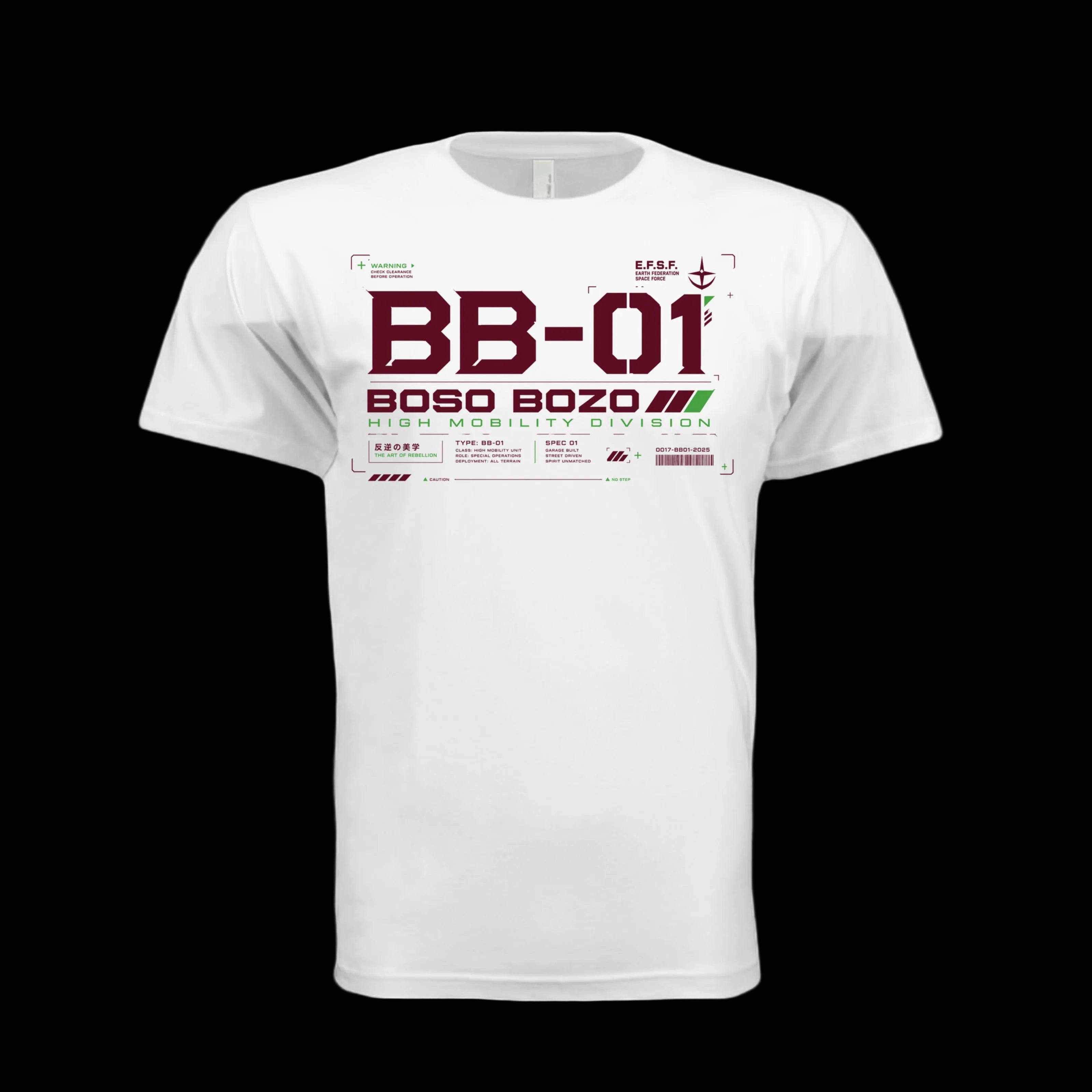 A white short-sleeve crewneck t-shirt with a dark red and green graphic print on the front reading 'BB-01 BOSO BOZO HIGH MOBILITY DIVISION'.