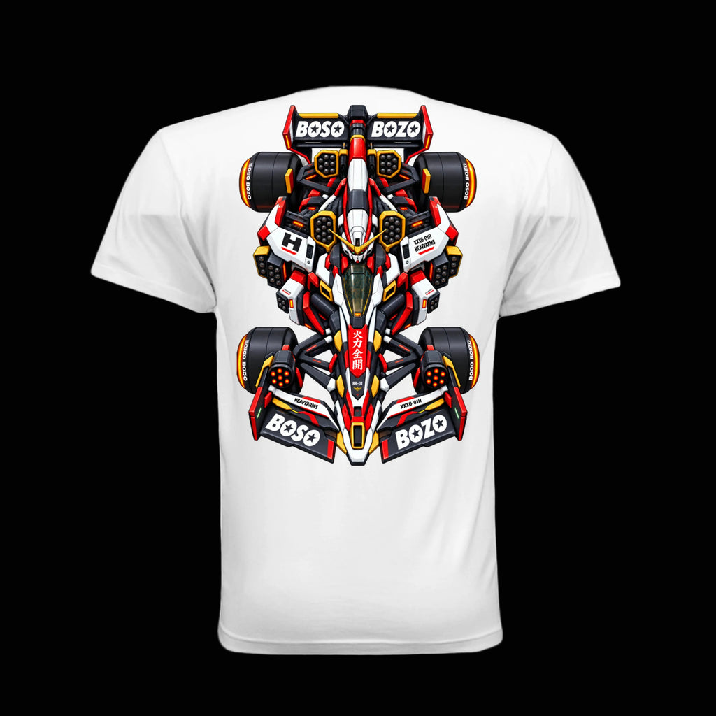 A white short-sleeve t-shirt featuring a large, detailed graphic of a orange, red, black, and white Formula 1 race car on the back. The graphic includes prominent 'BOSO' sponsor logos.