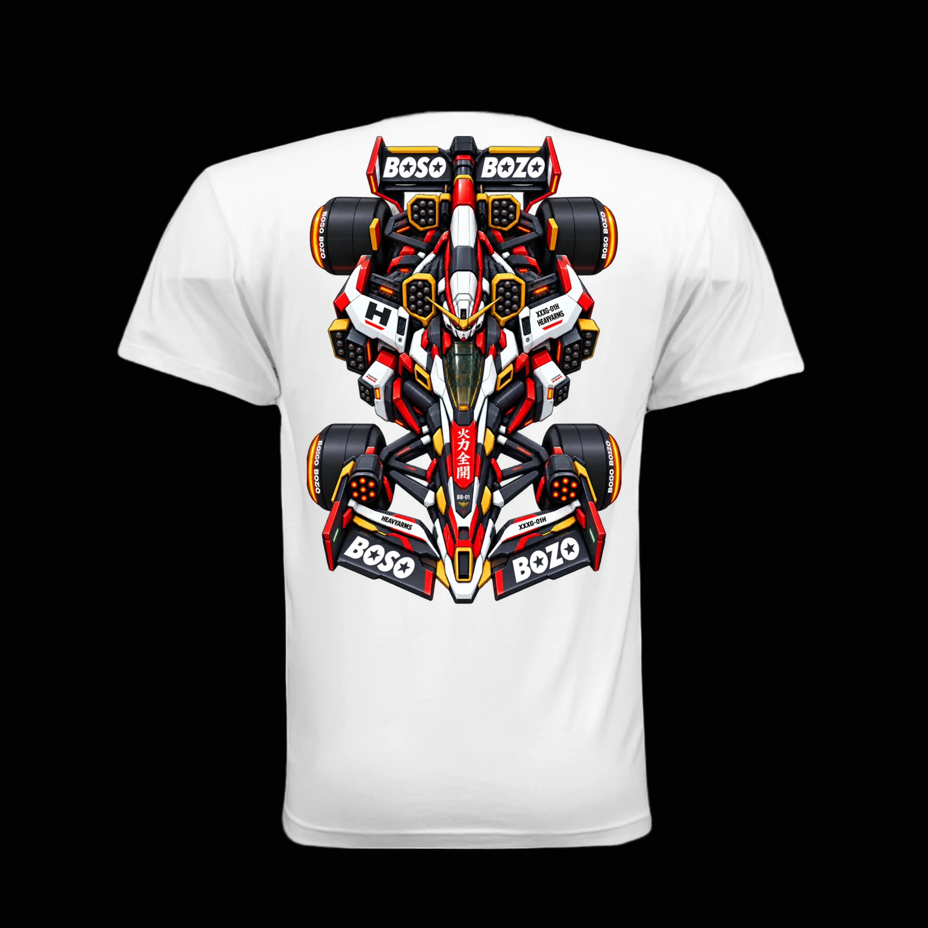 A white short-sleeve t-shirt featuring a large, detailed graphic of a orange, red, black, and white Formula 1 race car on the back. The graphic includes prominent 'BOSO' sponsor logos.