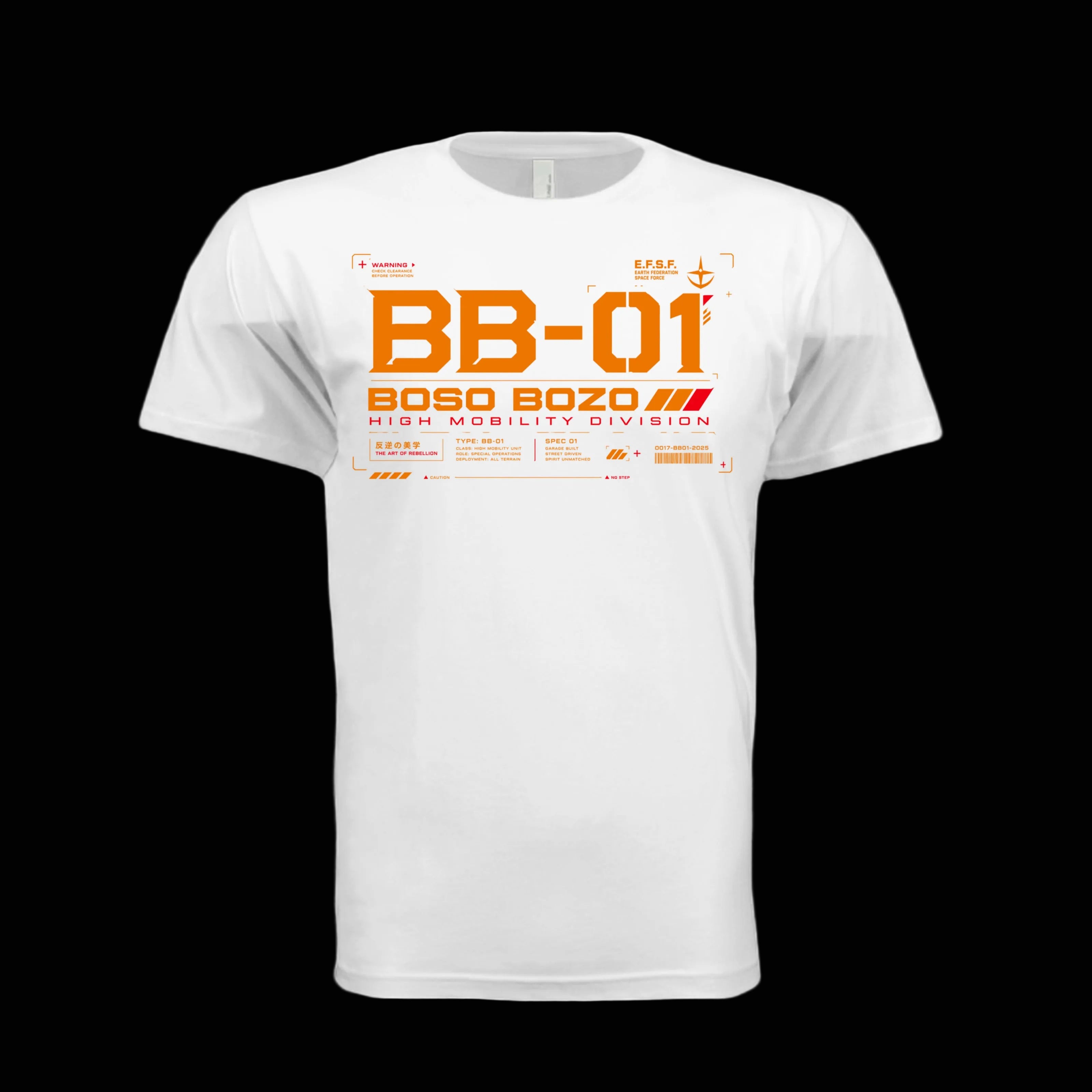 A white short-sleeve crewneck t-shirt with a prominent orange and yellow graphic print on the front reading 'BB-01 BOSO BOZO HIGH MOBILITY DIVISION'.