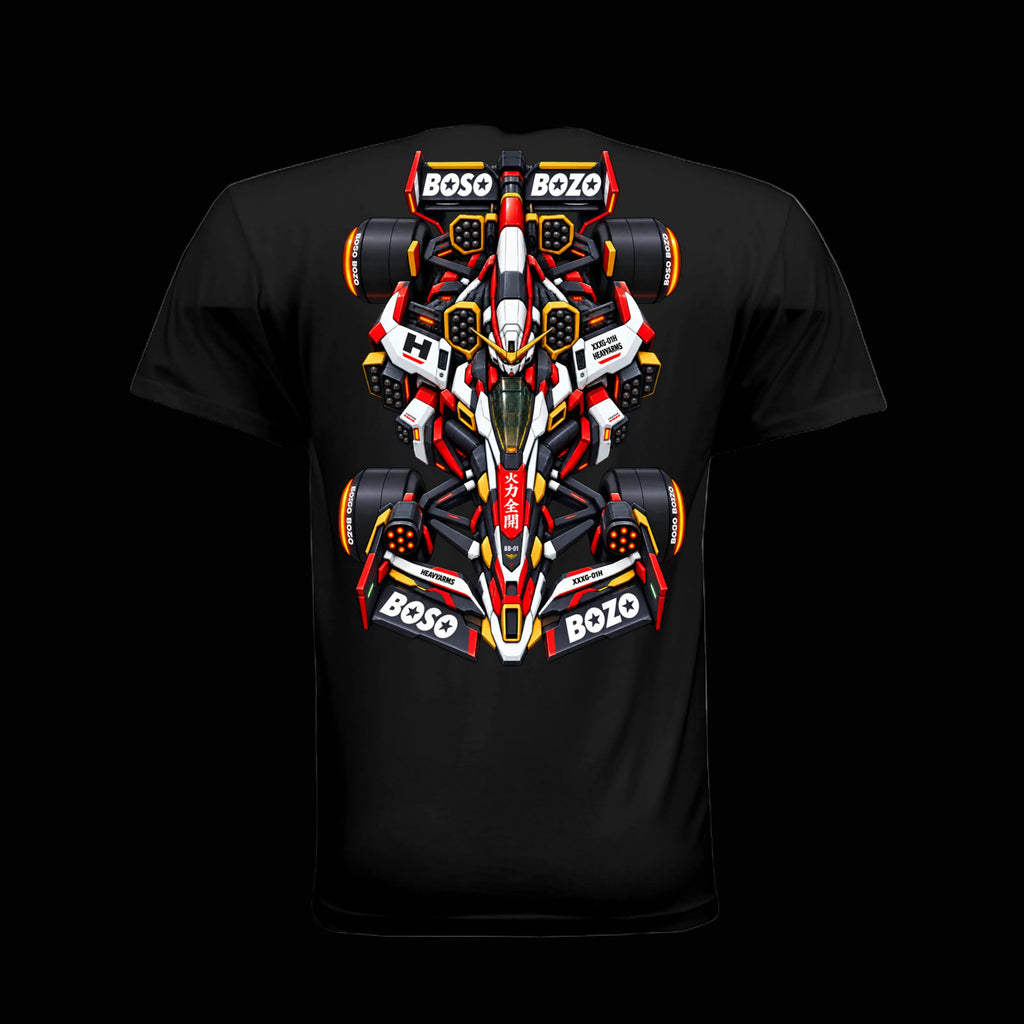 A black short-sleeve t-shirt with a large, detailed graphic of a  orange red, white, and black gundam inspired Formula 1 race car on the back, featuring 'BOSO' and 'BOZO' sponsor logos.