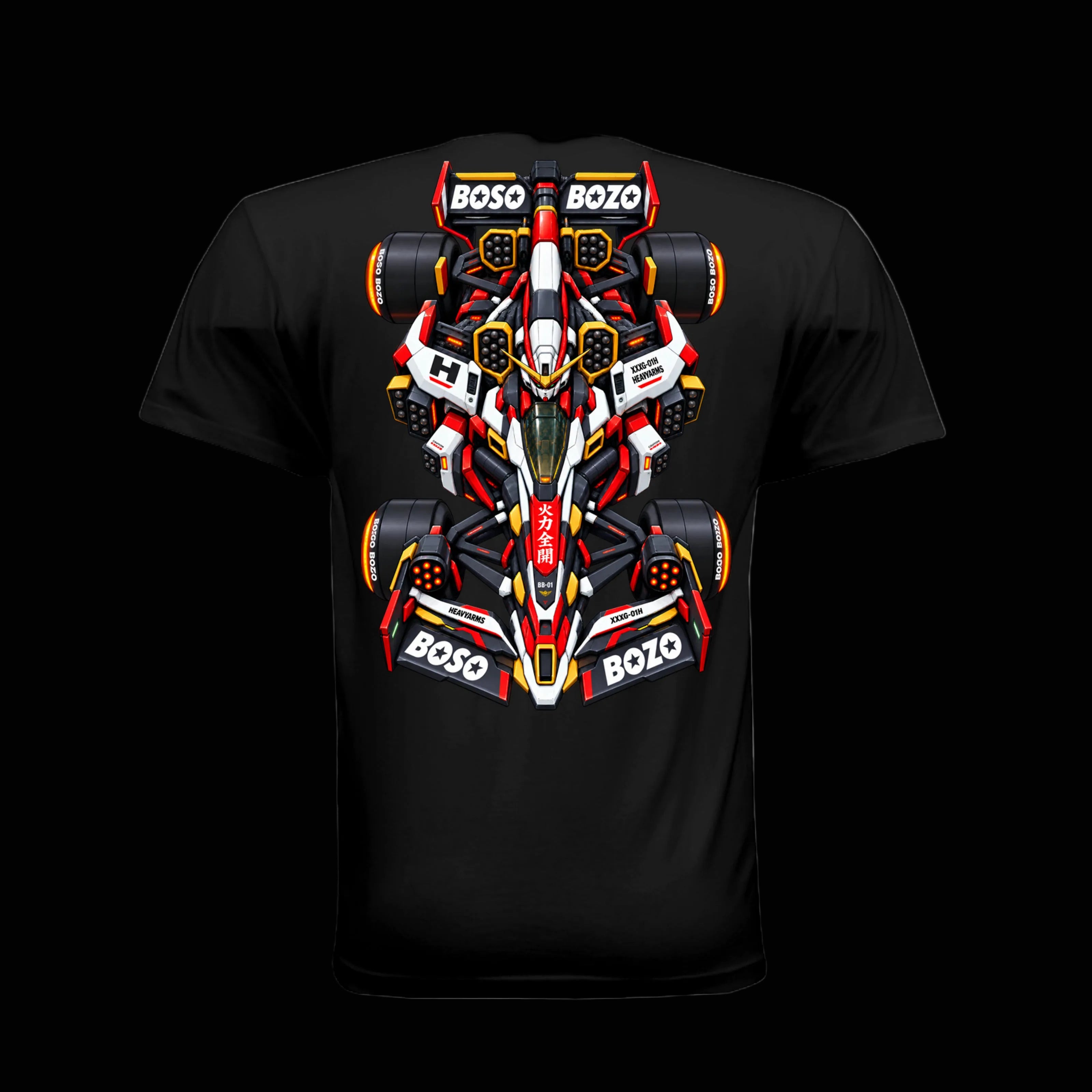 A black short-sleeve t-shirt with a large, detailed graphic of a  orange red, white, and black gundam inspired Formula 1 race car on the back, featuring 'BOSO' and 'BOZO' sponsor logos.
