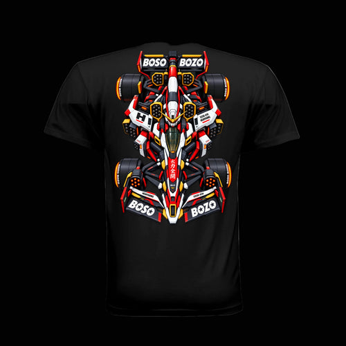 A black short-sleeve t-shirt with a large, detailed graphic of a  orange red, white, and black gundam inspired Formula 1 race car on the back, featuring 'BOSO' and 'BOZO' sponsor logos.