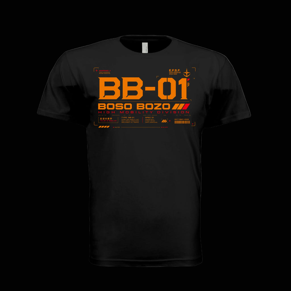 A black short-sleeve crewneck t-shirt featuring a bold orange and yellow sci-fi graphic on the chest with the text 'BB-01 BOSO BOZO'.