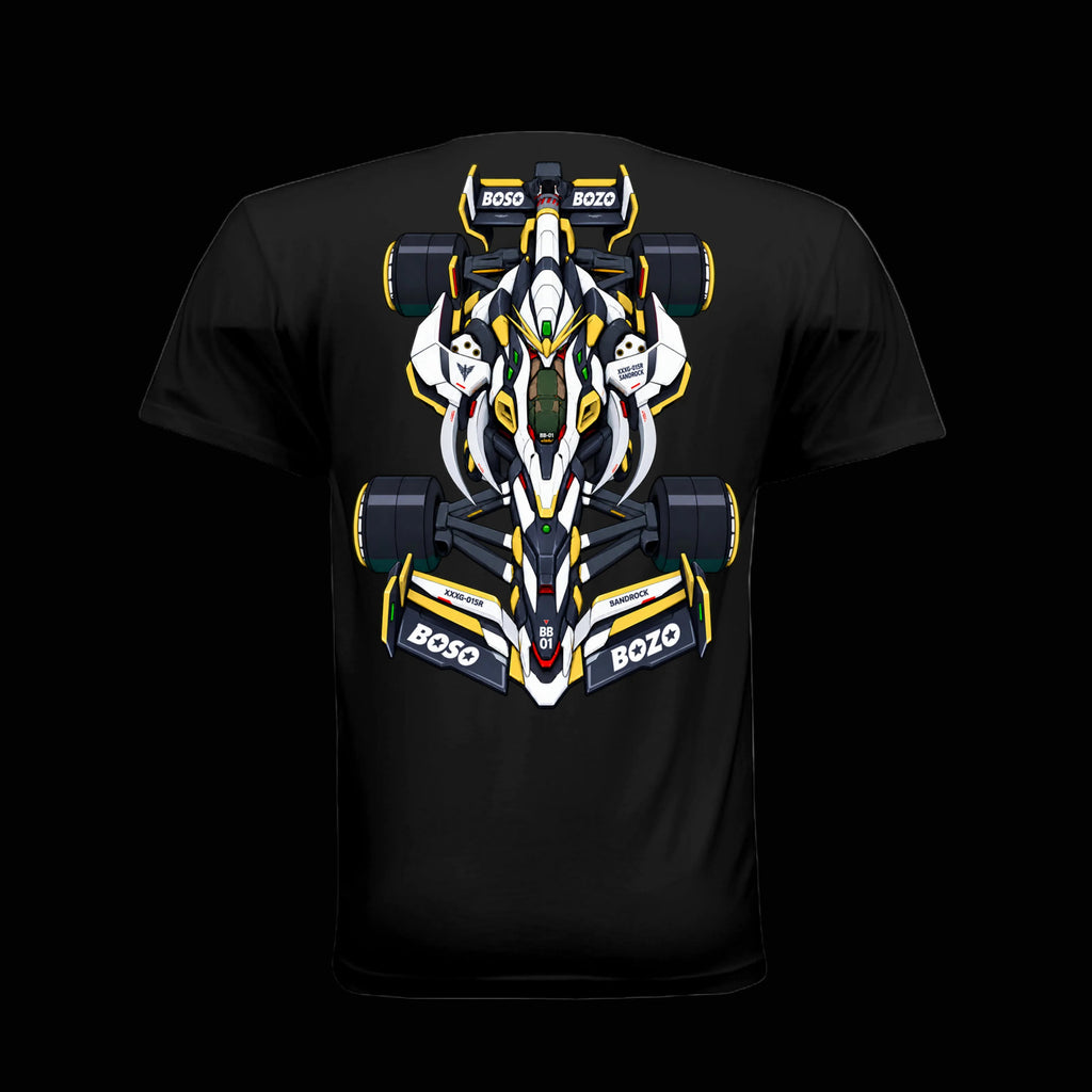 A black short-sleeve t-shirt featuring a large graphic print of a stylized white, yellow, and black race car on the back, with 'BOSO' and 'BOZO' text visible on the car graphic.