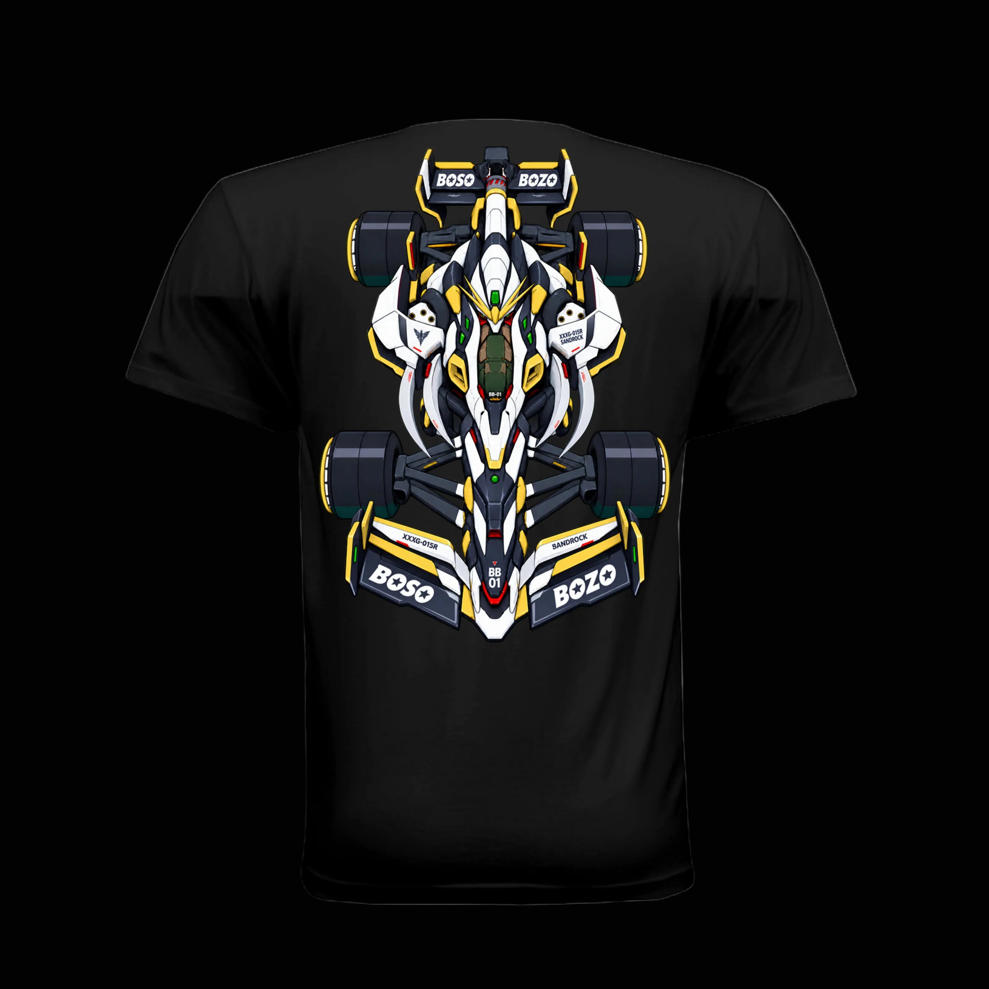 A black short-sleeve t-shirt featuring a large graphic print of a stylized white, yellow, and black race car on the back, with 'BOSO' and 'BOZO' text visible on the car graphic.