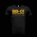 A black short-sleeve crewneck t-shirt with a yellow and white futuristic graphic print on the chest reading 'BB-01 BOSO BOZO HIGH MOBILITY DIVISION'.