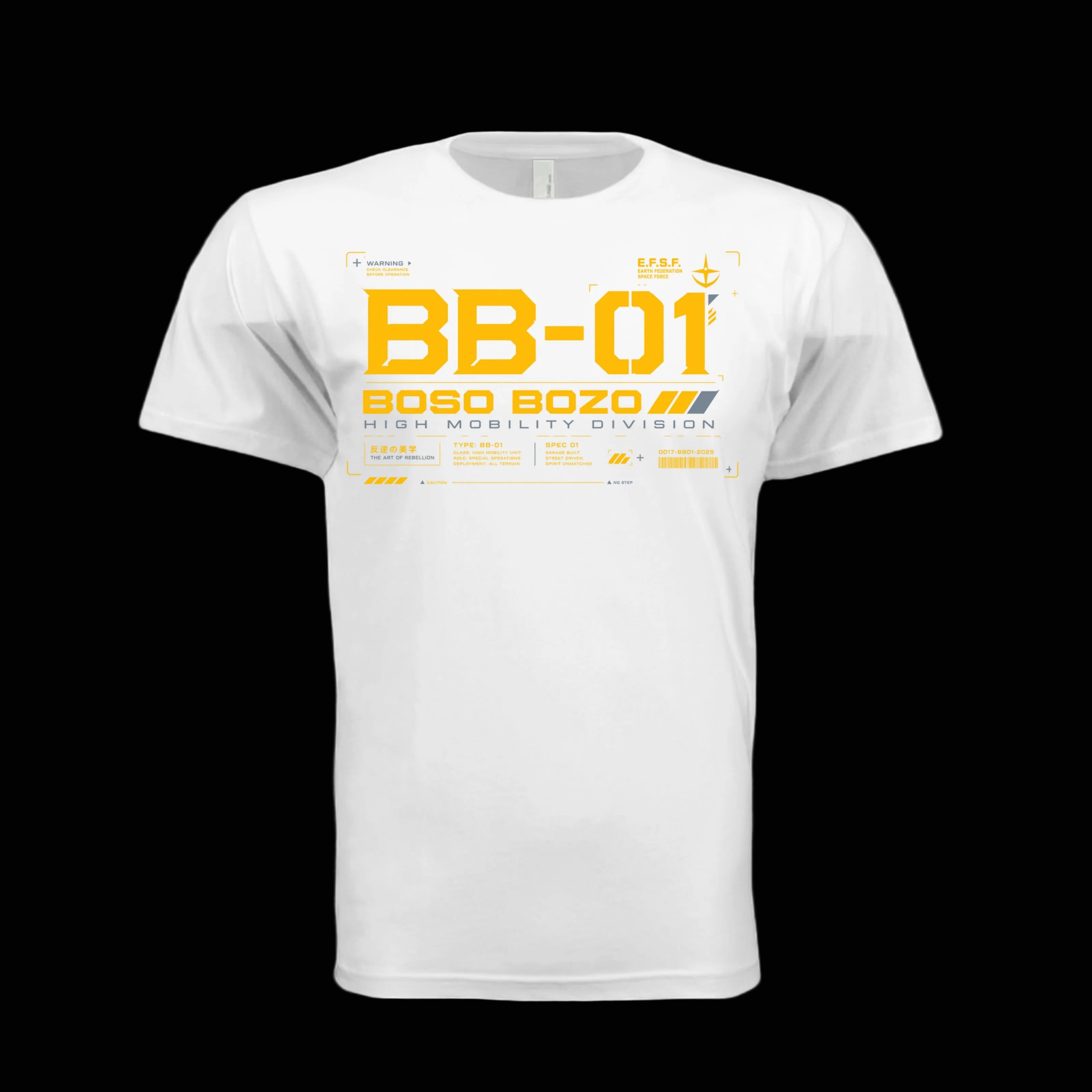 A white short-sleeve crewneck t-shirt with a yellow and orange graphic print on the front reading 'BB-01 BOSO BOZO HIGH MOBILITY DIVISION'.