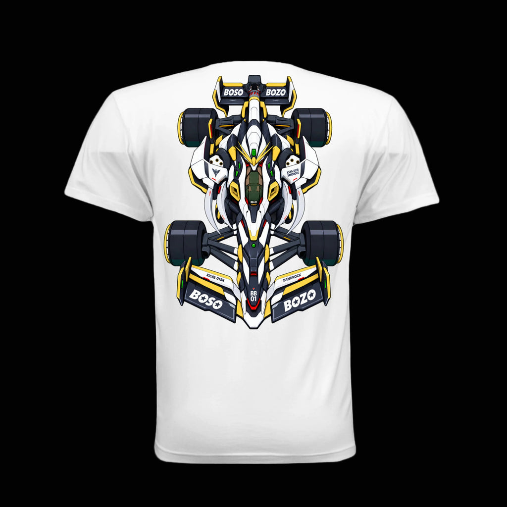 A white short-sleeve t-shirt featuring a large graphic print of a stylized, symmetrical Formula 1 race car . The car graphic is primarily white with black and yellow details, and the word 'BOZO' is visible on the nose and rear wings of the car design.