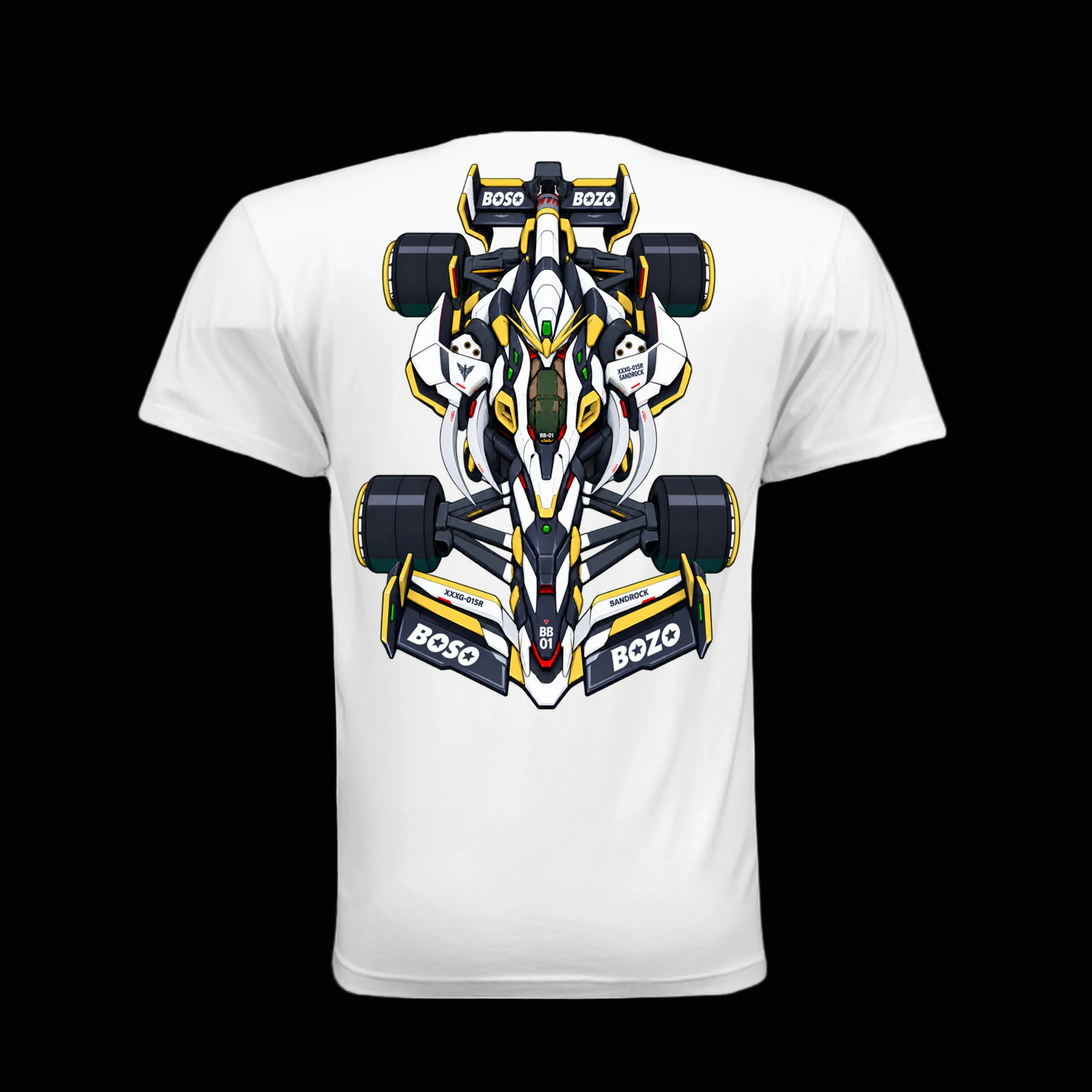 A white short-sleeve t-shirt featuring a large graphic print of a stylized, symmetrical Formula 1 race car . The car graphic is primarily white with black and yellow details, and the word 'BOZO' is visible on the nose and rear wings of the car design.