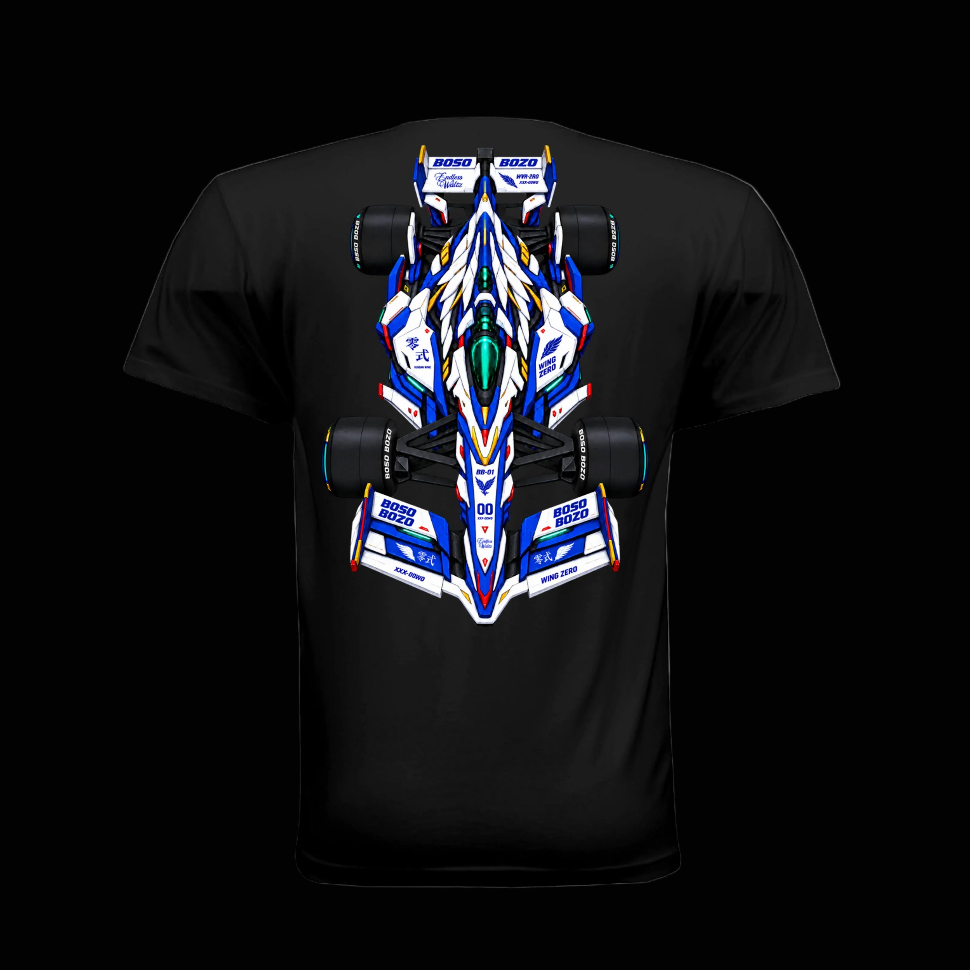 A black short-sleeve t-shirt shown from the back, featuring a large graphic print of a white, blue, and black Formula 1 gundam inspired racing car with boso bozo sponsor logos.