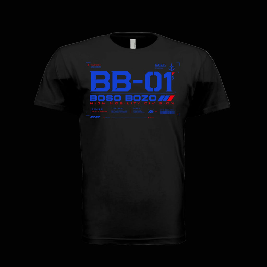 A black short-sleeve crewneck t-shirt with a blue and red futuristic graphic print on the front reading 'BB-01 BOSO BOZO HIGH MOBILITY DIVISION'.