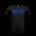 A black short-sleeve crewneck t-shirt with a blue and red futuristic graphic print on the front reading 'BB-01 BOSO BOZO HIGH MOBILITY DIVISION'.