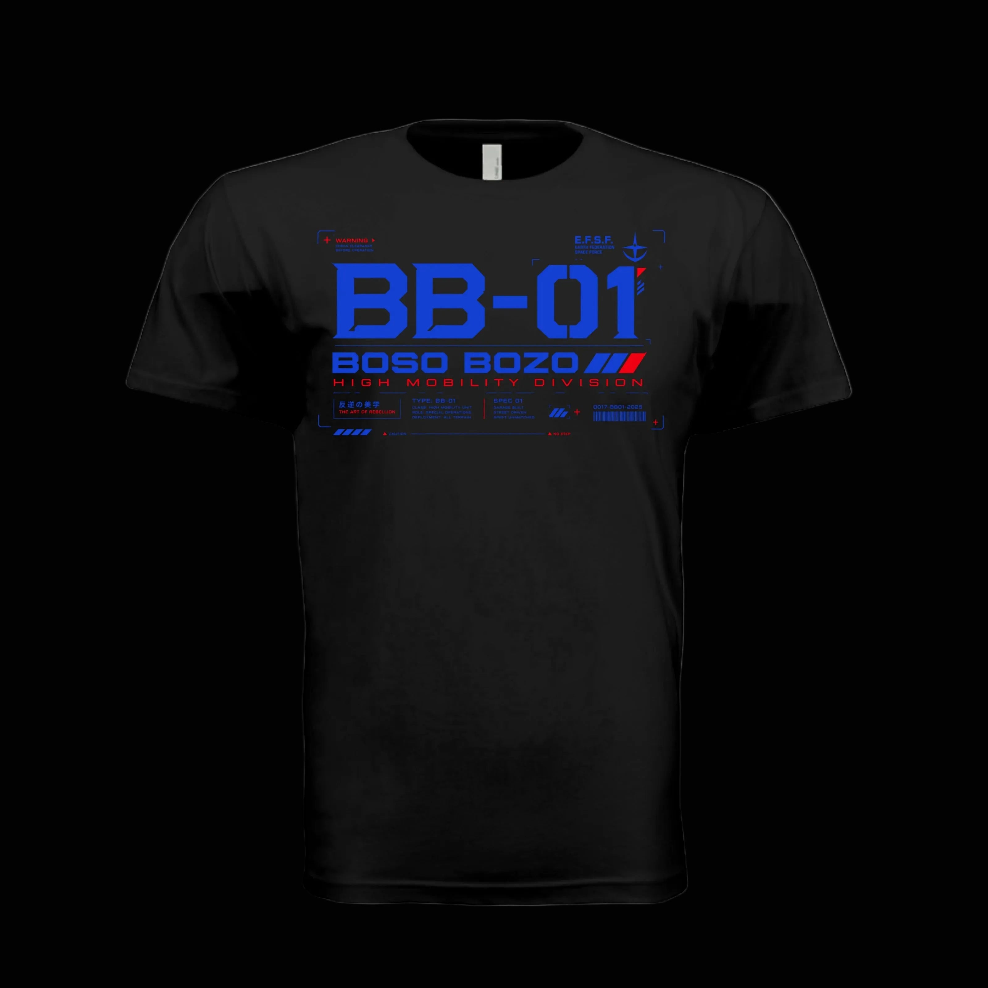 A black short-sleeve crewneck t-shirt with a blue and red futuristic graphic print on the front reading 'BB-01 BOSO BOZO HIGH MOBILITY DIVISION'.