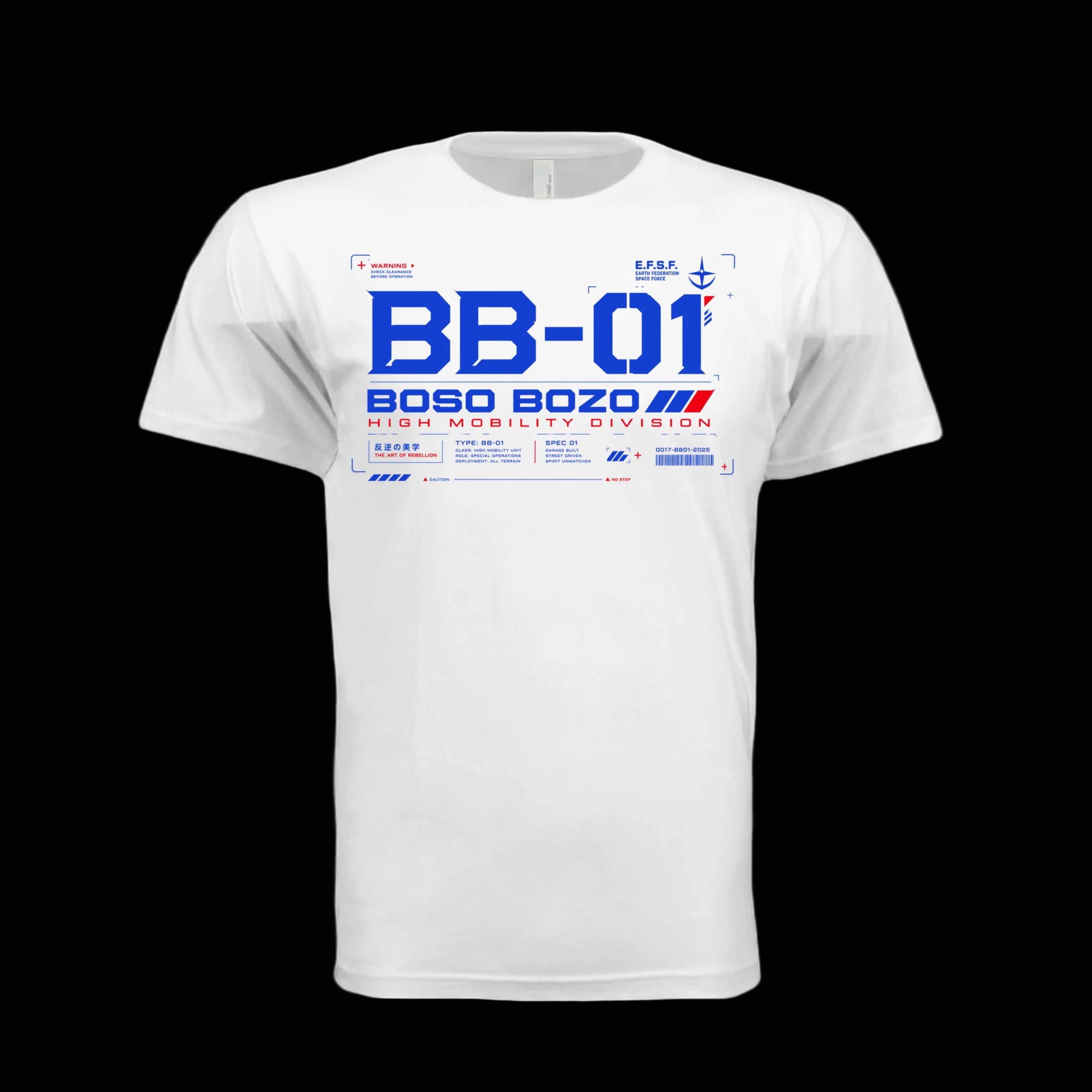 A white short-sleeve crewneck t-shirt with a blue and red futuristic graphic print on the chest reading 'BB-01 BOSO BOZO HIGH MOBILITY DIVISION'.