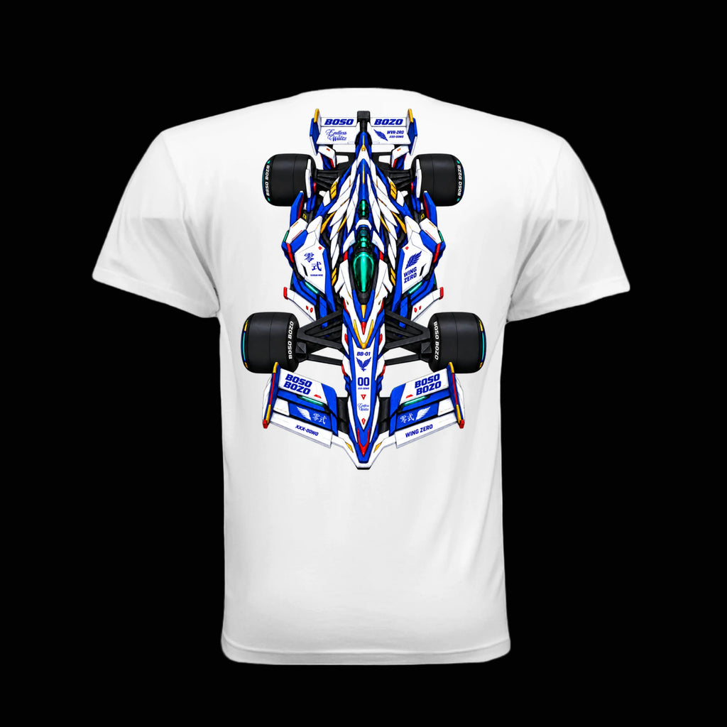 A white short-sleeve t-shirt shown from the back, featuring a large graphic print of a blue, white, and black GUNDAM INSPIRED Formula 1 race car with sponsor logos.