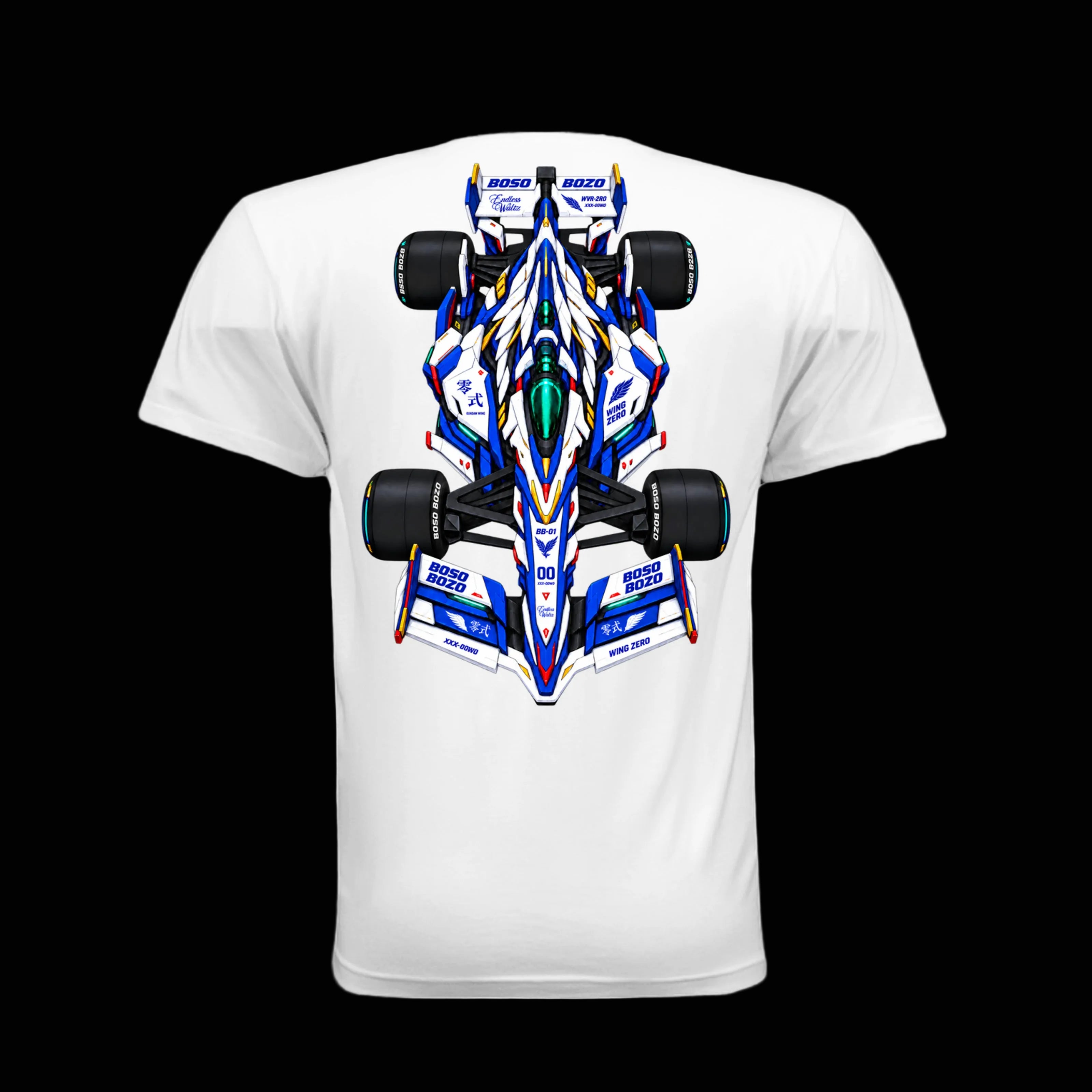 A white short-sleeve t-shirt shown from the back, featuring a large graphic print of a blue, white, and black GUNDAM INSPIRED Formula 1 race car with sponsor logos.