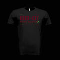 A black short-sleeve crewneck t-shirt featuring a red and green graphic print on the front with the text 'BB-01' and 'BOSO BOZO HIGH MOBILITY DIVISION'.
