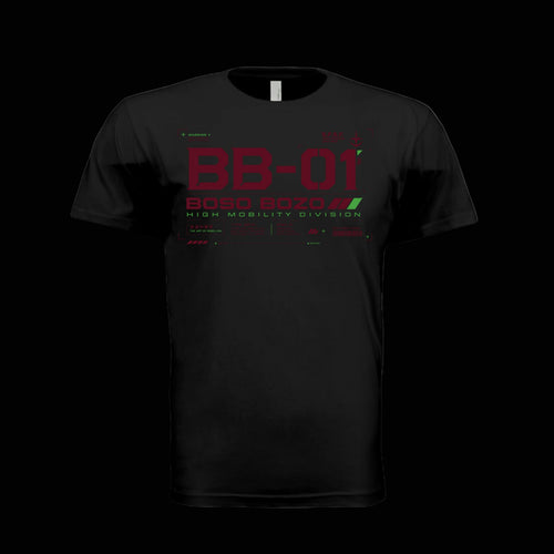 A black short-sleeve crewneck t-shirt featuring a red and green graphic print on the front with the text 'BB-01' and 'BOSO BOZO HIGH MOBILITY DIVISION'.